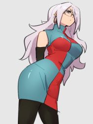 Rule 34 | 1girl, android 21, checkered clothes, checkered dress, dragon ball, dragon ball fighterz, dress, earrings, glasses, grey background, hair over one eye, hoop earrings, jewelry, kemachiku, long hair, looking at viewer, pantyhose, simple background, solo, white hair