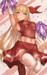 Rule 34 | 1girl, arm up, armpits, back bow, blonde hair, bow, brown footwear, buttons, cheerleader, closed mouth, crop top, ellen (touhou), green hair, hair bow, highres, holding, holding pom poms, long hair, midriff, navel, pleated skirt, pom pom (cheerleading), pom poms, red bow, red shirt, red skirt, shirt, shounen (hogehoge), skirt, sleeveless, sleeveless shirt, stomach, thighhighs, touhou, touhou (pc-98), translucent, very long hair, white thighhighs, zettai ryouiki