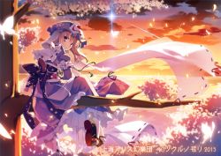 Rule 34 | 10s, 1girl, 2015, bow, bug, butterfly, cherry blossoms, collar, floral print, frills, hat, horizon, in tree, insect, japanese clothes, kimono, long sleeves, looking at viewer, magic, ocean, petals, pink eyes, pink hair, ribbon-trimmed sleeves, ribbon trim, saigyouji yuyuko, sandals, shooting star, short hair, sitting, sitting in tree, socks, solo, sunset, t-ray, touhou, tree, water, white socks