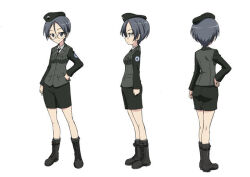 Rule 34 | 1girl, blue eyes, boots, closed mouth, concept art, emblem, from behind, from side, girls und panzer, grey hair, japanese tankery league (emblem), kneepits, miniskirt, multiple views, official art, rimless eyewear, round eyewear, rumi (girls und panzer), selection university (emblem), selection university military uniform, short hair, simple background, skirt, white background