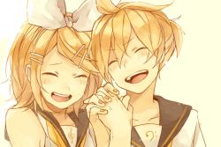 Rule 34 | 1boy, 1girl, 62 (0 62), blonde hair, blush, brother and sister, closed eyes, hair ornament, hairclip, holding hands, hetero, kagamine len, kagamine rin, open mouth, sailor collar, short hair, siblings, smile, twins, vocaloid