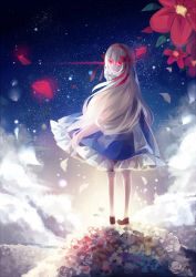 Rule 34 | 1girl, backlighting, blue dress, bow, brown footwear, closed mouth, cloud, dress, field, flower, flower field, frilled dress, frills, full body, glowing, glowing eyes, hair bow, hairband, highres, kagerou project, kozakura marry, long hair, looking at viewer, looking back, morning, motion blur, nanna (irasutokanakili), no socks, pale skin, petals, red bow, red eyes, red hairband, shoes, silver hair, sky, smile, solo, standing, star (sky), starry sky, sunlight, very long hair