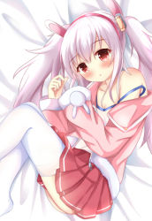 Rule 34 | 1girl, animal ears, ass, azur lane, bad id, bad pixiv id, bed sheet, collarbone, commentary request, fake animal ears, hairband, jacket, kedama (kedama akaza), laffey (azur lane), long hair, looking at viewer, lying, parted lips, pleated skirt, red eyes, silver hair, skirt, solo, thighhighs, twintails, white thighhighs, zettai ryouiki