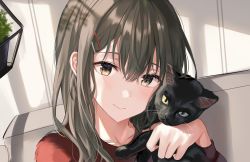 Rule 34 | 1girl, animal, bad id, bad twitter id, black cat, blush, brown eyes, brown hair, cat, closed mouth, collarbone, colored sclera, commentary, grey sclera, hair ornament, hairclip, hand up, highres, holding, holding animal, indoors, long hair, long sleeves, looking at viewer, original, portrait, red shirt, shirt, smile, solo, symbol-only commentary, tokkyu, yellow sclera