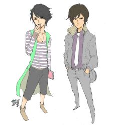 Rule 34 | 2boys, arm at side, belt, belt buckle, black eyes, black hair, black pants, book, brown footwear, brown hair, buckle, closed mouth, collarbone, fang memory, finger to mouth, foreshortening, full body, grey jacket, hands in pockets, hidari shoutarou, holding, holding book, jacket, kamen rider, kamen rider w, kyuraa (kyura9een), long sleeves, looking at viewer, male focus, multiple boys, necktie, open clothes, open jacket, pants, philip, philip (kamen rider), shirt, shoes, simple background, smile, standing, striped clothes, striped shirt, unzipped, white background, white necktie