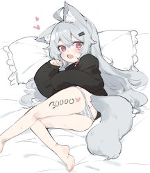 Rule 34 | 1girl, :o, animal ear fluff, animal ears, bad id, bad pixiv id, bare legs, barefoot, collar, fang, fenrir (fenriluuu), heart, highres, hood, hoodie, long hair, long sleeves, looking at viewer, lying, milestone celebration, no pants, on side, open mouth, original, panties, pillow, red eyes, rir-chan, silver hair, sleeves past wrists, striped clothes, striped panties, tail, underwear, wolf ears, wolf girl, wolf tail