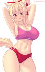 Rule 34 | 1girl, animal ears, armpits, arms up, bare arms, bare shoulders, blonde hair, blush, breasts, buruma, cat ears, cat girl, cat tail, cleavage, commentary, covered erect nipples, cowboy shot, curvy, english commentary, highres, large breasts, long hair, looking at viewer, midriff, navel, nottytiffy, open mouth, original, patreon username, pink sports bra, ponytail, red buruma, red eyes, sideboob, simple background, slit pupils, smile, solo, sports bra, tail, thighs, tiffy (nottytiffy), white background, wide hips