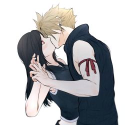 Rule 34 | 1boy, 1girl, arm ribbon, bare shoulders, black hair, black shirt, blonde hair, blush, breasts, cloud strife, commentary, couple, earrings, final fantasy, final fantasy vii, from side, grey background, hair over eyes, hetero, highres, holding hands, jewelry, kiss, large breasts, long hair, looking at another, maiii (smaii i), red eyes, red ribbon, ribbon, shirt, short hair, simple background, sleeveless, spiked hair, surprised, symbol-only commentary, tifa lockhart, upper body, white background