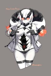 Rule 34 | 1girl, abyssal ship, asymmetrical bangs, asymmetrical horns, black gloves, black panties, blush, breasts, character name, closed mouth, colored skin, covering breasts, covering nipples, covering privates, cracked skin, cropped legs, gloves, glowing, glowing eyes, grey background, hair between eyes, heavy cruiser princess, highres, hole in stomach, horns, jewelry, kantai collection, large breasts, long hair, looking at viewer, oso (toolate), pale skin, panties, red eyes, ring, see-through, simple background, solo, sweat, thighhighs, twitter username, underwear, uneven horns, wedding ring, white hair, white skin