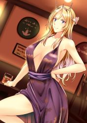 Rule 34 | 1girl, alternate costume, armpits, bare shoulders, blonde hair, blue eyes, blush, breasts, collarbone, commentary request, cup, dress, drinking glass, hair between eyes, hairband, hand on own hip, headgear, indoors, kantai collection, knee up, kuurunaitsu, large breasts, long hair, nelson (kancolle), no bra, purple dress, sash, sideboob, sidelocks, smile, solo, stool, thighs