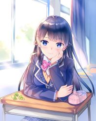 Rule 34 | 1girl, bento, blue skirt, bow, bowtie, braid, classroom, closed mouth, clover, collared shirt, commentary request, curtains, day, desk, french braid, furoshiki, hair ornament, hairclip, hand on own cheek, hand on own face, head rest, indoors, jacket, light rays, long hair, long sleeves, looking at viewer, nijisanji, pink bow, pink bowtie, purple eyes, purple hair, purple jacket, rei (rei&#039;s room), school desk, shirt, sitting, skirt, smile, solo, tsukino mito, tsukino mito (1st costume), vest, virtual youtuber, white shirt, window, wing collar, wrapped bento