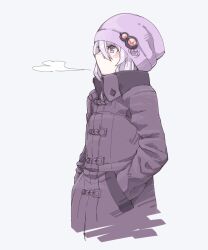 Rule 34 | 1girl, alternate costume, beanie, breath, coat, commentary request, cropped torso, from side, grey background, grey hair, hair between eyes, hands in pockets, hat, hat ornament, high collar, highres, long sleeves, looking ahead, mochi (mochi444420), purple coat, purple eyes, purple hat, sidelocks, simple background, solo, upper body, vocaloid, voiceroid, winter clothes, winter coat, yuzuki yukari