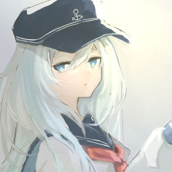 Rule 34 | 1girl, anchor symbol, black sailor collar, blue eyes, blue hair, closed mouth, expressionless, flat cap, hair between eyes, hat, hibiki (kancolle), highres, kantai collection, kataguchi, light blue hair, long hair, looking at viewer, neckerchief, no nose, red neckerchief, sailor collar, school uniform, serafuku, simple background, solo