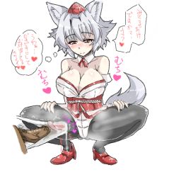 Rule 34 | 1boy, 1girl, alternate costume, animal ears, bad id, bad pixiv id, blush, breasts, cameltoe, choker, cleavage, cum, cum in clothes, cum in panties, disembodied penis, femdom, full-face blush, full body, grey hair, half-closed eyes, hat, hetero, high heels, huge breasts, inubashiri momiji, kourindou tengu costume, looking down, male pubic hair, naughty face, obi, panties, pantyhose, penis, penis in panties, pubic hair, red eyes, red footwear, sash, sekitaku, shoes, smile, solo focus, speech bubble, squatting, tail, text focus, thought bubble, tokin hat, touhou, translated, uncensored, underwear, white background, wolf ears, wolf tail