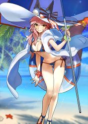 Rule 34 | 10s, 1girl, absurdres, animal ears, bikini, blue bikini, bracelet, breasts, day, ears through headwear, fate/extra, fate/grand order, fate (series), fox ears, fox tail, groin, halterneck, hat, hat ribbon, highres, jewelry, large breasts, long hair, looking at viewer, nature, navel, ocean, official art, parasol, pink hair, resized, ribbon, sandals, shawl, side-tie bikini bottom, solo, string bikini, swimsuit, tail, tamamo (fate), tamamo no mae (fate/extra), tamamo no mae (swimsuit lancer) (fate), tamamo no mae (swimsuit lancer) (third ascension) (fate), umbrella, upscaled, wada arco, waifu2x, white hat, yellow eyes