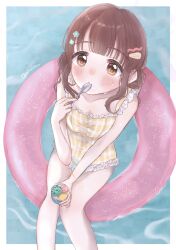 Rule 34 | 1girl, absurdres, aimimc, alternate hairstyle, blunt bangs, blush, border, brown hair, double bun, eating, flower, food, frilled one-piece swimsuit, frills, from above, hair bun, hair flower, hair ornament, highres, ice cream, idolmaster, idolmaster cinderella girls, idolmaster cinderella girls starlight stage, looking at viewer, looking up, medium hair, ogata chieri, one-piece swimsuit, outside border, pink innertube, spoon, striped clothes, striped one-piece swimsuit, swimsuit, tareme, twitter username, utensil in mouth, water, white border, yellow one-piece swimsuit