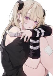 Rule 34 | 1girl, bandaid, bandaid on face, bandaid on leg, belt, black shirt, blonde hair, blush, character request, closed mouth, copyright request, daluto (hitomi555), detached sleeves, ear piercing, earrings, fingernails, hair between eyes, highres, jewelry, long hair, looking at viewer, mole, mole under mouth, multiple belts, piercing, pink eyes, pink nails, shirt, sidelocks, simple background, sitting, solo, twintails, white background, white belt