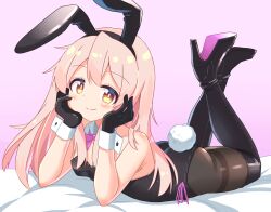 Rule 34 | animal ears, ass, bare shoulders, black footwear, black gloves, black leotard, black pantyhose, blush, boots, bow, bowtie, breasts, brown eyes, brown hair, changaa, detached collar, fake animal ears, fake tail, gloves, head rest, high heel boots, high heels, legs, legs up, leotard, long hair, looking at viewer, lying, on stomach, onii-chan wa oshimai!, oyama mahiro, pantyhose, pink bow, pink bowtie, playboy bunny, rabbit ears, rabbit tail, small breasts, smile, strapless, strapless leotard, tail, thigh boots, thighband pantyhose, thighs, wrist cuffs