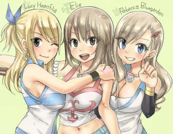 Rule 34 | 3girls, blonde hair, blue eyes, breasts, brown eyes, character name, cleavage, creator connection, crossover, detached sleeves, earrings, eden&#039;s zero, elie, english text, fairy tail, green background, hair ornament, hair ribbon, hairclip, highres, jewelry, large breasts, long hair, looking at viewer, lucy heartfilia, midriff, multiple girls, navel, necklace, open mouth, rave, rebecca bluegarden, ribbon, simple background, smile, trait connection