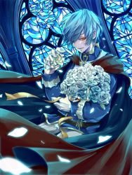 Rule 34 | 1boy, blue hair, bouquet, cape, cartolaio, colored eyelashes, flower, gloves, glowing, glowing petals, holding, holding bouquet, indoors, long sleeves, looking at viewer, male focus, orange eyes, original, petals, red cape, smirk, solo, stained glass, standing, white gloves