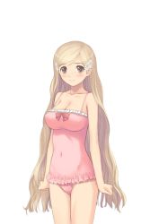 Rule 34 | 00s, 1girl, blonde hair, blush, breasts, brown eyes, casual one-piece swimsuit, cleavage, fault!!, game cg, glasses, hayama rika, large breasts, legs, long hair, looking at viewer, navel, one-piece swimsuit, pink one-piece swimsuit, simple background, solo, standing, swimsuit, thighs, tony taka, white background
