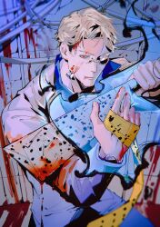 Rule 34 | 1boy, absurdres, animal print, blonde hair, blood, blood on hands, broken goggles, energy, formal, goggles, grey suit, highres, holding, holding weapon, jujutsu kaisen, leopard print, looking at viewer, male focus, minilang, nanami kento, necktie, red eyes, short hair, solo, suit, upper body, weapon, yellow necktie