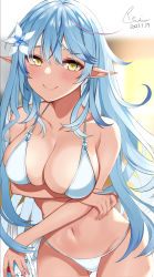 Rule 34 | 1girl, ahoge, alcohol, arm under breasts, bare shoulders, bikini, blue hair, blurry, blurry background, blush, breasts, cleavage, closed mouth, collarbone, commentary request, cowboy shot, cup, dated, elf, flower, gluteal fold, groin, hair between eyes, hair flower, hair ornament, highres, holding, holding cup, hololive, large breasts, long hair, looking at viewer, midriff, multicolored hair, navel, pointy ears, purple hair, rei (rei 9146), sidelocks, signature, smile, solo, standing, streaked hair, swimsuit, virtual youtuber, white bikini, yellow eyes, yukihana lamy