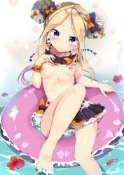 Rule 34 | 1girl, :q, abigail williams (emerald float) (fate), abigail williams (fate), bad id, bad pixiv id, bare arms, bare legs, bare shoulders, barefoot, bikini, bikini top lift, black bikini, black bow, blonde hair, blue eyes, blush, bow, breasts, closed mouth, clothes lift, collarbone, commentary request, double bun, emerald float, fate/grand order, fate (series), feet, flower, forehead, hair bow, hair bun, head tilt, innertube, lifting own clothes, long hair, looking at viewer, maruchan., nipples, official alternate costume, orange bow, parted bangs, petals, petals on liquid, pink innertube, polka dot, polka dot bow, red flower, side bun, small breasts, smile, solo, swim ring, swimsuit, tongue, tongue out, water