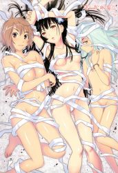 Rule 34 | 10s, 3girls, aqua hair, armpits, arms up, bandages, barefoot, beads, black hair, blue eyes, blush, bracelet, breast hold, breasts, brown eyes, brown hair, censored, convenient censoring, copyright name, crossed arms, entangled, artistic error, face, fang, fang out, flat chest, flower, from above, furuya mero, groin, hair flower, hair ornament, hair spread out, hairclip, hand on own chest, hattori mitsuru, highres, holding own arm, hydrangea, jewelry, large breasts, long hair, long legs, looking at viewer, lying, multiple girls, naked bandage, narrow waist, navel, official art, on back, on side, parted lips, red eyes, sanka rea, sankarea, saouji ranko, shiny skin, short hair, small breasts, smile, thigh gap, underboob, untied, very long hair, wedgie, zombie