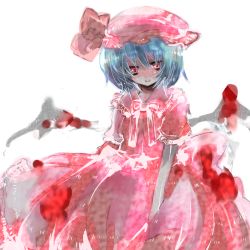 Rule 34 | 1girl, blue hair, female focus, hat, i chi, red eyes, remilia scarlet, ribbon, short hair, solo, touhou, white background, wings