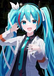 Rule 34 | 1girl, a.i. voice, absurdres, adachi rei, black background, black shirt, blue hair, blue nails, blue necktie, blush, chimerism, collared shirt, commentary request, fusion, hair ribbon, hand on headphones, hand on own chest, hands up, hatsune miku, headlamp, highres, jacket, kasane teto, looking at viewer, multicolored hair, necktie, open clothes, open jacket, open mouth, orange hair, radio antenna, red hair, ribbon, shirt, smile, solo, streaked hair, twintails, upper body, utau, vocaloid, white jacket, white ribbon, yasai31