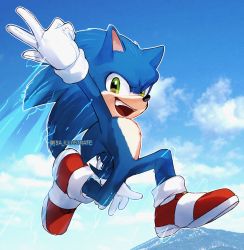 Rule 34 | 1boy, :d, absurdres, animal ears, animal nose, blue sky, cloud, electricity, full body, furry, furry male, gloves, green eyes, highres, isa-415810, jumping, male focus, open mouth, shoes, sky, smile, solo, sonic (live action), sonic (series), sonic heroes, sonic the hedgehog, sonic the hedgehog 2 (film), w, white gloves