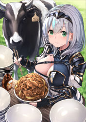 Rule 34 | 1girl, animal, armlet, armor, belt, bench, blue eyes, bow, bowl, breasts, chopsticks, cleavage, commentary request, cow, eating, fingerless gloves, food, food in mouth, food on face, from above, gloves, grass, gyuudon, hair between eyes, headband, highres, hololive, large breasts, looking at viewer, meat, mole, mole on breast, outdoors, pauldrons, pet bowl, rice, shirogane noel, shirogane noel (1st costume), short hair, shoulder armor, silver hair, sitting, solo, tazaki hayato, virtual youtuber