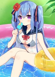 Rule 34 | 1girl, :o, bare arms, bare shoulders, bikini, black bikini, black bow, black sailor collar, blue hair, blush, bow, breasts, commentary, day, feet out of frame, flower, food, hair between eyes, hair bow, hair flower, hair ornament, holding, holding food, ice cream, innertube, knees up, long hair, looking at viewer, maki soutoki, medium breasts, original, outdoors, parted lips, purple eyes, red bow, red flower, sailor collar, see-through, sitting, solo, striped, striped bow, swim ring, swimsuit, two side up, very long hair, wading pool, water