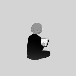 Rule 34 | 1boy, avogado6, business suit, formal, grey background, greyscale, ipad, male focus, monochrome, muted color, original, simple background, sitting, solo, suit, tablet pc, tagme