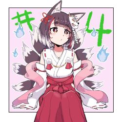 1girl bare_shoulders brown_hair detached_sleeves fox_girl fox_tail japanese_clothes kaminari_shion ki-ro-to kimono kitsune mask multiple_tails nontraditional_miko short_hair solo tail vtuber_nandaga_haishin_kiriwasuretara_densetsu_ni_natteta white_sleeves