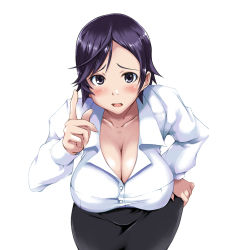 Rule 34 | 1girl, bent over, black eyes, black hair, black skirt, blush, breasts, cleavage, collarbone, cowboy shot, dress shirt, female focus, gal gun, gal gun double peace, gengoroh, hand on own hip, hanging breasts, kuribayashi reina, large breasts, leaning forward, long sleeves, looking at viewer, office lady, parted lips, pencil skirt, shirt, short hair, simple background, skirt, solo, standing, white background, white shirt