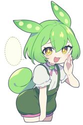 Rule 34 | 1girl, :3, brooch, commentary request, cropped legs, green hair, green suspenders, hair between eyes, hand up, highres, jewelry, looking at viewer, mzh, open mouth, puffy short sleeves, puffy sleeves, shirt, short sleeves, shorts, solo, speech bubble, suspenders, voicevox, whispering, white shirt, yellow eyes, zundamon