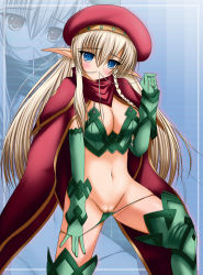 Rule 34 | 1girl, alleyne (queen&#039;s blade), alleyne (queen's blade), beret, blonde hair, blue eyes, blush, boots, breasts, cape, cleavage, elbow gloves, fighting master alleyne, gloves, hair in own mouth, hat, large breasts, leaf panties, leaf print, legs, long hair, panties, panty pull, pointy ears, print panties, pussy, queen&#039;s blade, rushima, solo, thigh boots, thighhighs, thighs, uncensored, underwear, undressing, zoom layer