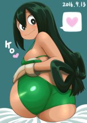 Rule 34 | 10s, 1girl, 2016, :&gt;, ass, asui tsuyu, back, bad id, bad twitter id, bare shoulders, bed sheet, bikini, black eyes, black hair, blue background, blush, boku no hero academia, breasts, dated, frog girl, from behind, gloves, green bikini, hand on own hip, heart, image sample, inactive account, leonardo 16sei, long hair, looking back, looking down, low-tied long hair, medium breasts, simple background, sitting, smile, swimsuit, thought bubble, white gloves