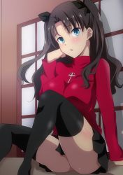Rule 34 | 1girl, ass, black hair, blue eyes, blush, breasts, fate/stay night, fate (series), female focus, hara (harayutaka), highres, long hair, sitting, skirt, sweat, thick thighs, thighhighs, thighs, tohsaka rin, twintails, two side up, upskirt
