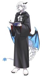 Rule 34 | 1girl, bags under eyes, black horns, black nails, black robe, blue wings, book, closed mouth, dragon girl, dragon horns, dragon tail, dragon wings, fingernails, full body, hands up, highres, holding, holding book, hooded robe, horns, long sleeves, looking at viewer, low wings, neck ribbon, original, pale skin, red eyes, ribbon, robe, rra (yj), sharp fingernails, sharp toenails, short hair, simple background, single horn, skeletal tail, solo, standing, tail, toenails, white background, white hair, white ribbon, wide sleeves, wings