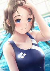 Rule 34 | 10s, 1girl, artist name, backlighting, bad id, bad pixiv id, bangs pinned back, blue eyes, blue one-piece swimsuit, blurry, blurry background, blush, depth of field, forehead, grey hair, grin, hand in own hair, hand on own head, highres, indoors, looking at viewer, love live!, love live! sunshine!!, one-piece swimsuit, papi (papiron100), pool, school swimsuit, short hair, signature, smile, solo, swimsuit, upper body, watanabe you