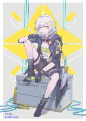 Rule 34 | 1girl, absurdres, ahoge, boots, box, commentary request, croque (neural cloud), eating, expressionless, full body, ganezugarrrrr, girls&#039; frontline, girls&#039; frontline neural cloud, gloves, goggles, goggles around neck, grey hair, hair ornament, hairclip, highres, hood, hooded jacket, jacket, knee up, looking at viewer, open clothes, open jacket, shirt, short hair, shorts, sitting, sitting on box, sleeves rolled up, solo, tools, white shirt, yellow eyes