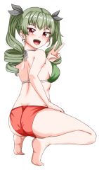 Rule 34 | 1girl, anchovy (girls und panzer), ass, bikini, blush, breasts, drill hair, girls und panzer, gomi ningen (81848656), green hair, hair ribbon, highres, italian flag bikini, large breasts, long hair, open mouth, red eyes, ribbon, smile, solo, swimsuit, twin drills, twintails, v