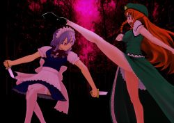 Rule 34 | 2girls, bad id, bad pixiv id, chameleon (pixiv52904), female focus, flexible, hong meiling, immaterial and missing power, izayoi sakuya, kicking, knife, multiple girls, split, thighhighs, throwing knife, touhou, weapon