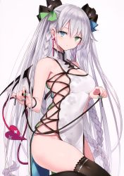 Rule 34 | 1girl, absurdres, bare arms, bare shoulders, black thighhighs, blue eyes, bow, braid, breasts, china dress, chinese clothes, cleavage, closed mouth, demon tail, demon wings, dress, earrings, floral print, green eyes, hair bow, heterochromia, highres, holding, jewelry, long hair, looking at viewer, medium breasts, multicolored nails, nail polish, nanananana, no bra, no panties, original, pelvic curtain, scan, side-tie dress, sideless outfit, silver hair, sleeveless, sleeveless dress, sleeveless turtleneck, solo, tail, thighhighs, thighs, turtleneck, twin braids, very long hair, white dress, wings