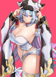 Rule 34 | animal ears, animal print, blue hair, bow, breasts, catura (granblue fantasy), cleavage, commentary request, cow ears, cow hat, cow horns, cow print, cow tail, detached collar, detached sleeves, draph, earrings, fai, gradient hair, granblue fantasy, hands up, highres, horns, jewelry, large breasts, long hair, looking at viewer, multicolored hair, purple hair, red eyes, red neckwear, simple background, solo, tail, tail bow, tail ornament, thighhighs, white bow, white thighhighs, wide sleeves