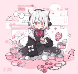 Rule 34 | 1girl, animal ear fluff, animal ears, arm support, beret, black dress, black hat, black jacket, blank speech bubble, blush, bow, carton, cat ears, cat girl, cat tail, character name, chestnut mouth, coefont, colored inner hair, commentary, commentary request, controller, cursor, dress, flipped hair, game controller, grey hair, hand up, hat, highres, jacket, jacket partially removed, logo, long sleeves, looking at viewer, maneki-neko, medium hair, mouse (computer), multicolored hair, neck ribbon, official art, open can, open mouth, pantyhose, pet food, pinafore dress, pink background, pink eyes, pink hair, pink ribbon, pink theme, puffy long sleeves, puffy sleeves, ribbon, sayo (voicevox), sayonaka megumo, second-party source, shirt, sitting, sleeve bow, sleeveless, sleeveless dress, solo, speech bubble, symbol-only commentary, tail, thumbtack, two-tone background, user interface, voicevox, white background, white bow, white pantyhose, white shirt, window (computing)