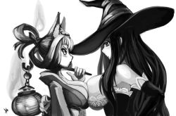 Rule 34 | 2girls, animal ears, asymmetrical docking, bare shoulders, breast press, breasts, bust chart, chart, cleavage, company connection, comparison, crossover, detached sleeves, dragon&#039;s crown, dress, fox ears, greyscale, hair up, hat, hitodama, hm (hmongt), huge breasts, japanese clothes, kimono, kongiku, lantern, large breasts, leaf, leaf on head, long hair, monochrome, multiple girls, object on head, oboro muramasa, paper lantern, profile, signature, simple background, sorceress (dragon&#039;s crown), strapless, strapless dress, vanillaware, witch, witch hat